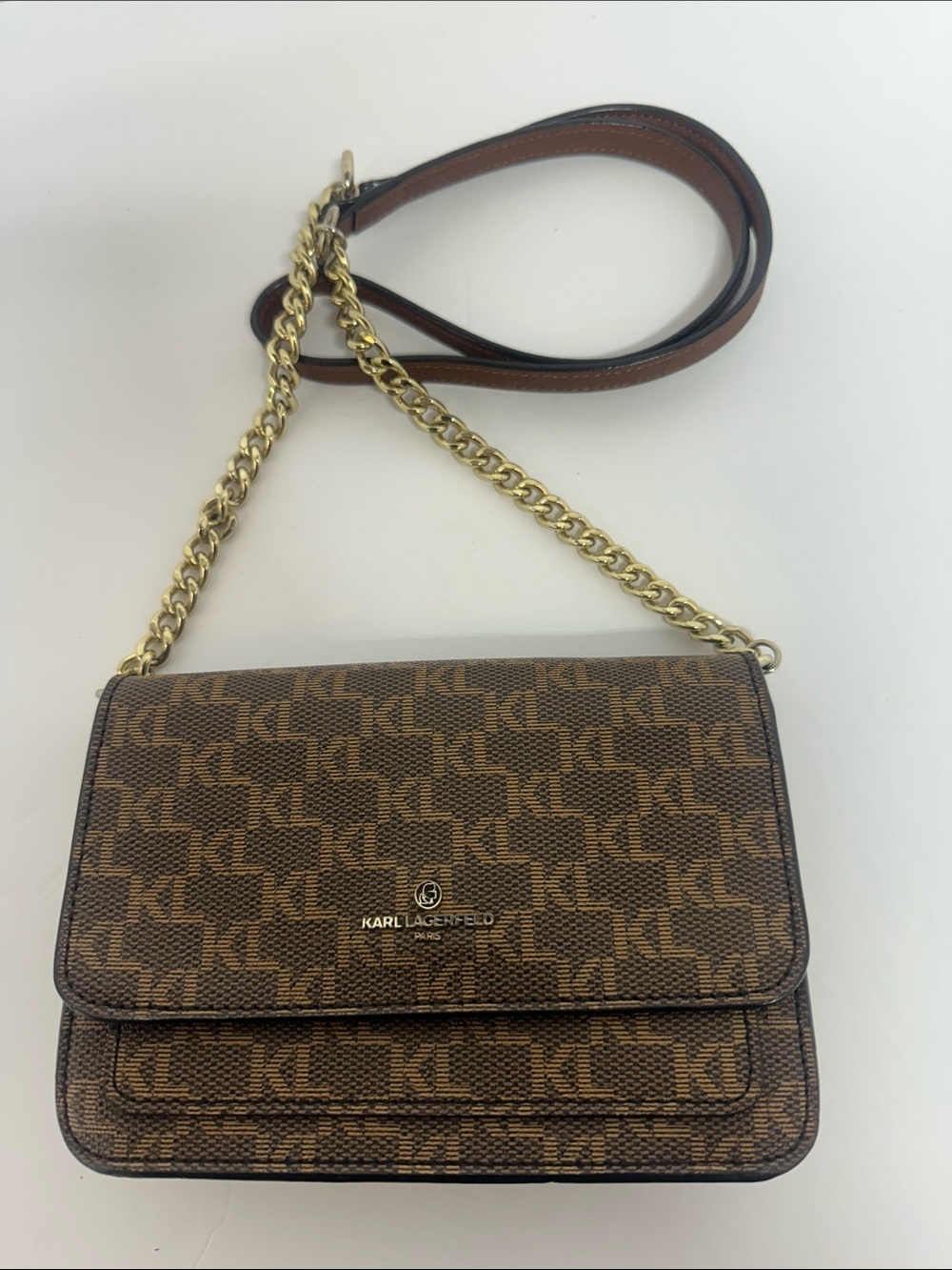 Karl Lagerfeld Connie  Brown Monogram Crossbody with Gold Chain